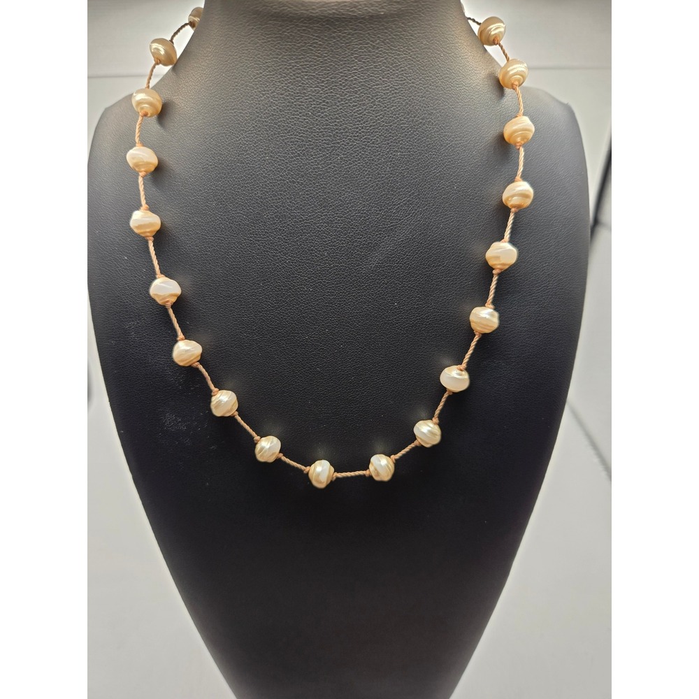 Boho Knotted Cream Glass Bead Necklace Brown Cord Lobster Clasp 17 Inch